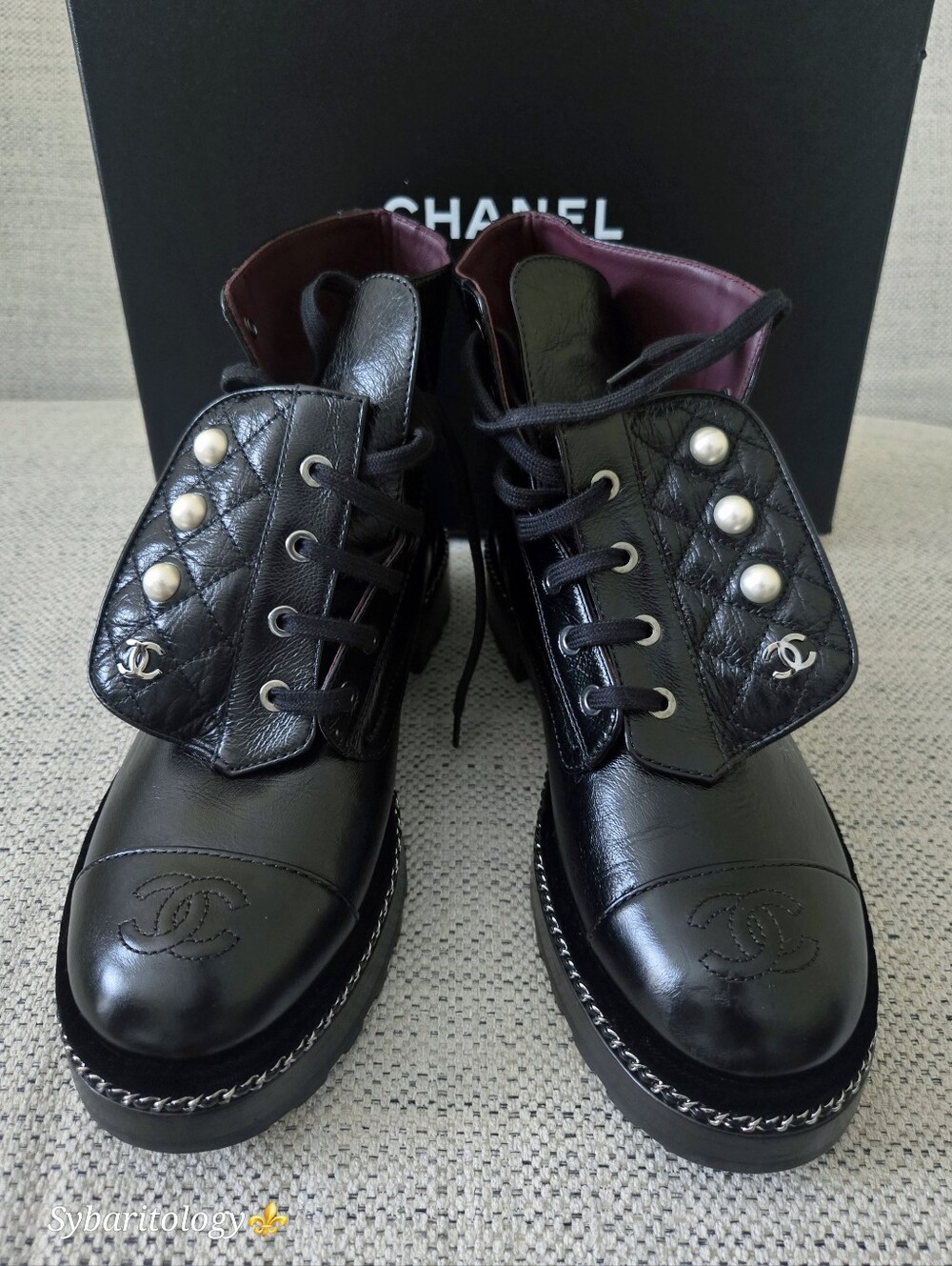 CHANEL  White Pearl CC Chain Black Lace-Up Tie Ankle Boots Size: 39.5 ITALY